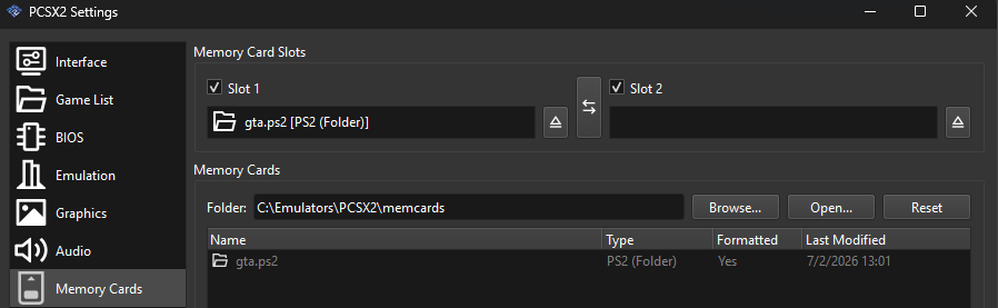 PCSX2 Emulator Memory Card Configuration Layout Screen